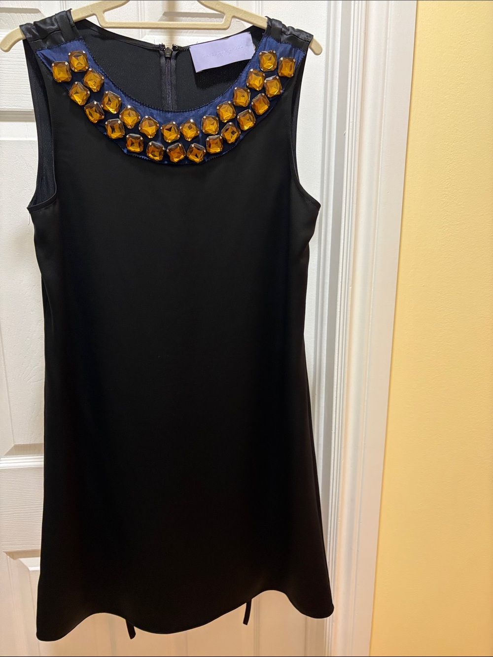 Vera Wang Lavender Label Black Midi Shift Dress with Amber Jewel Collar
